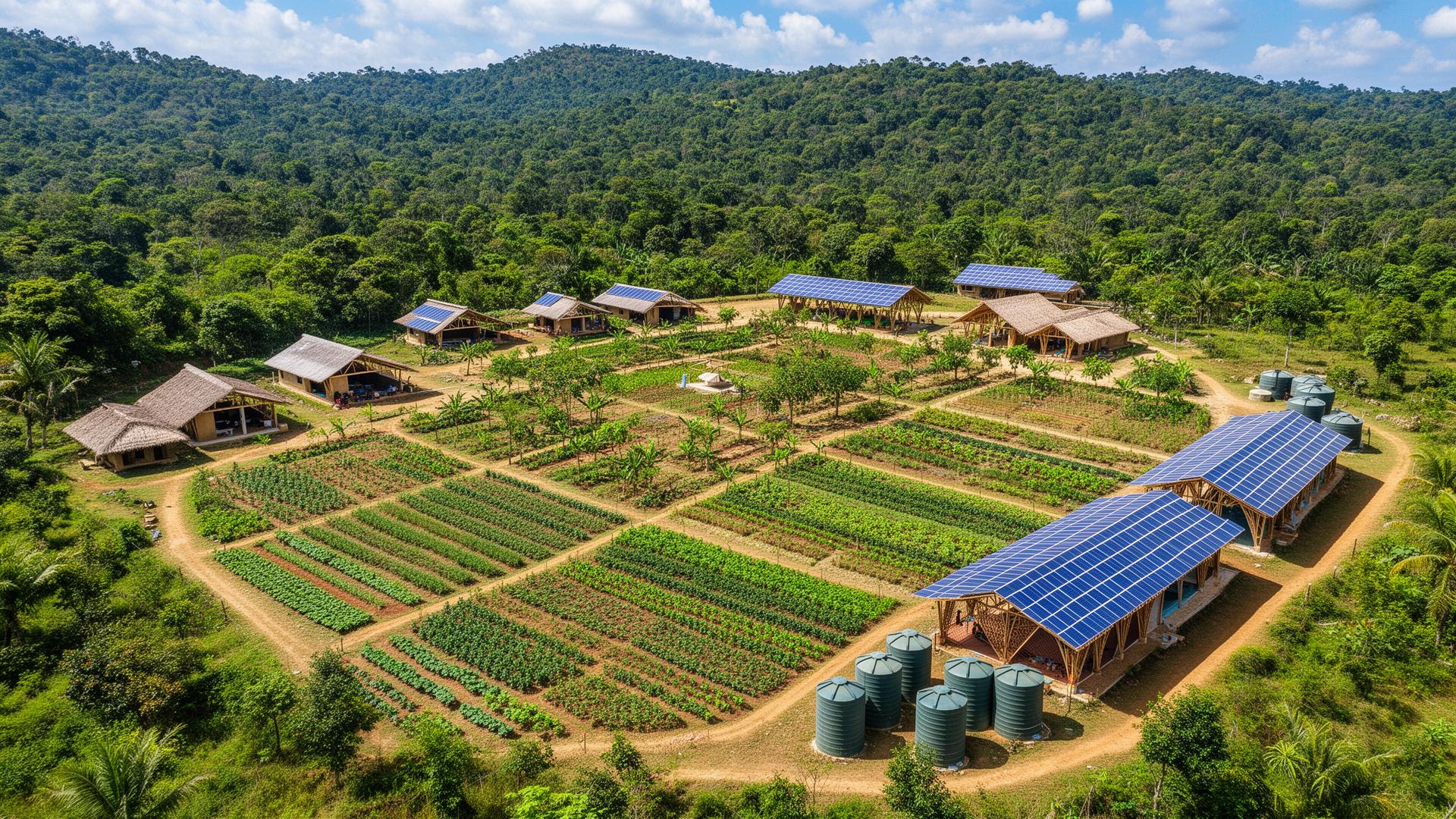 Aerial view of an integrated eco-village with crops, solar panels, and training pavilions