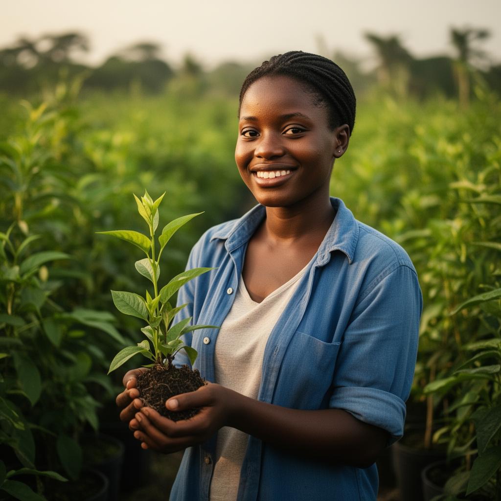 Young Haitian woman holding a seedling, a future graduate of the Lakou program